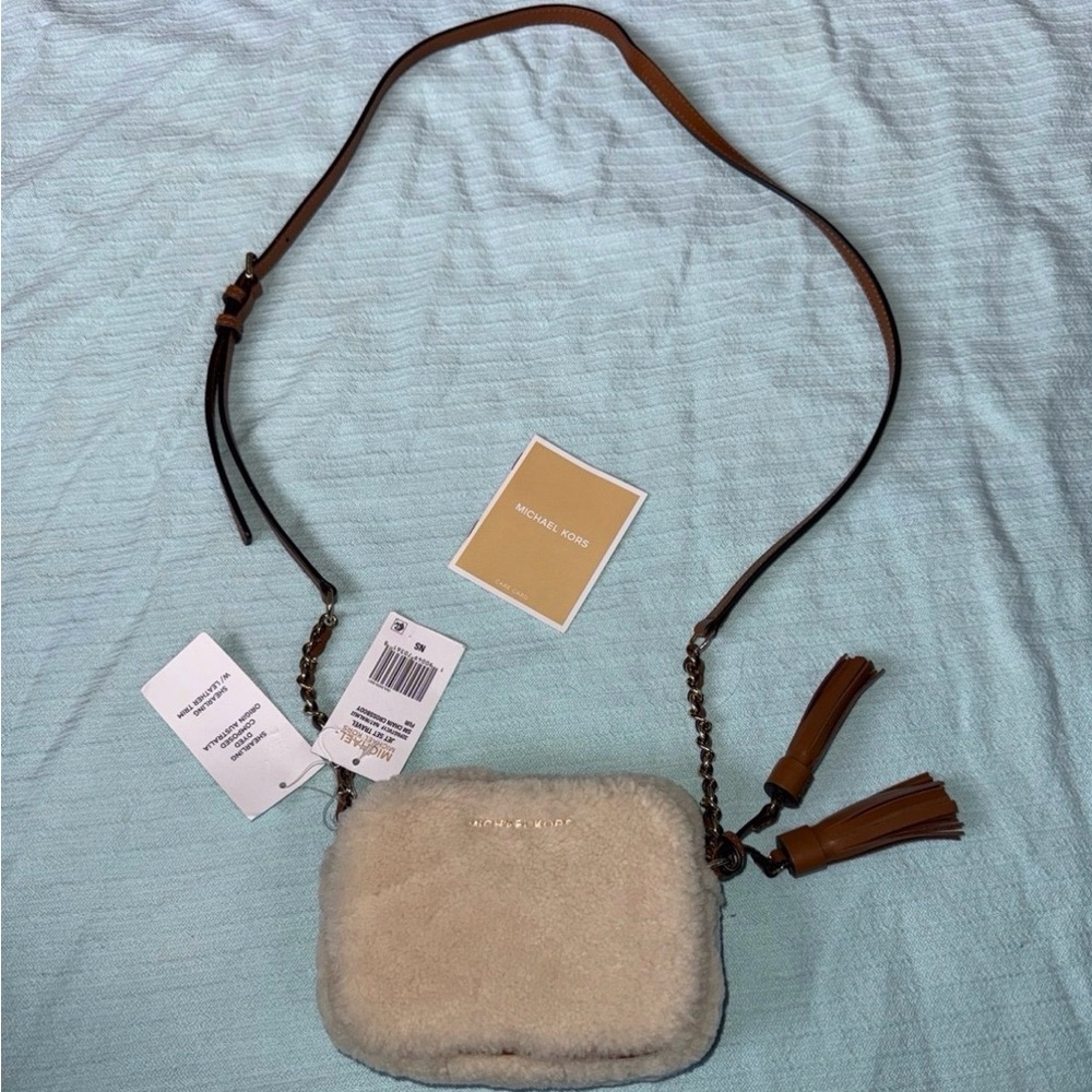 New Michael Kors shearling with leather trim small crossbody handbag